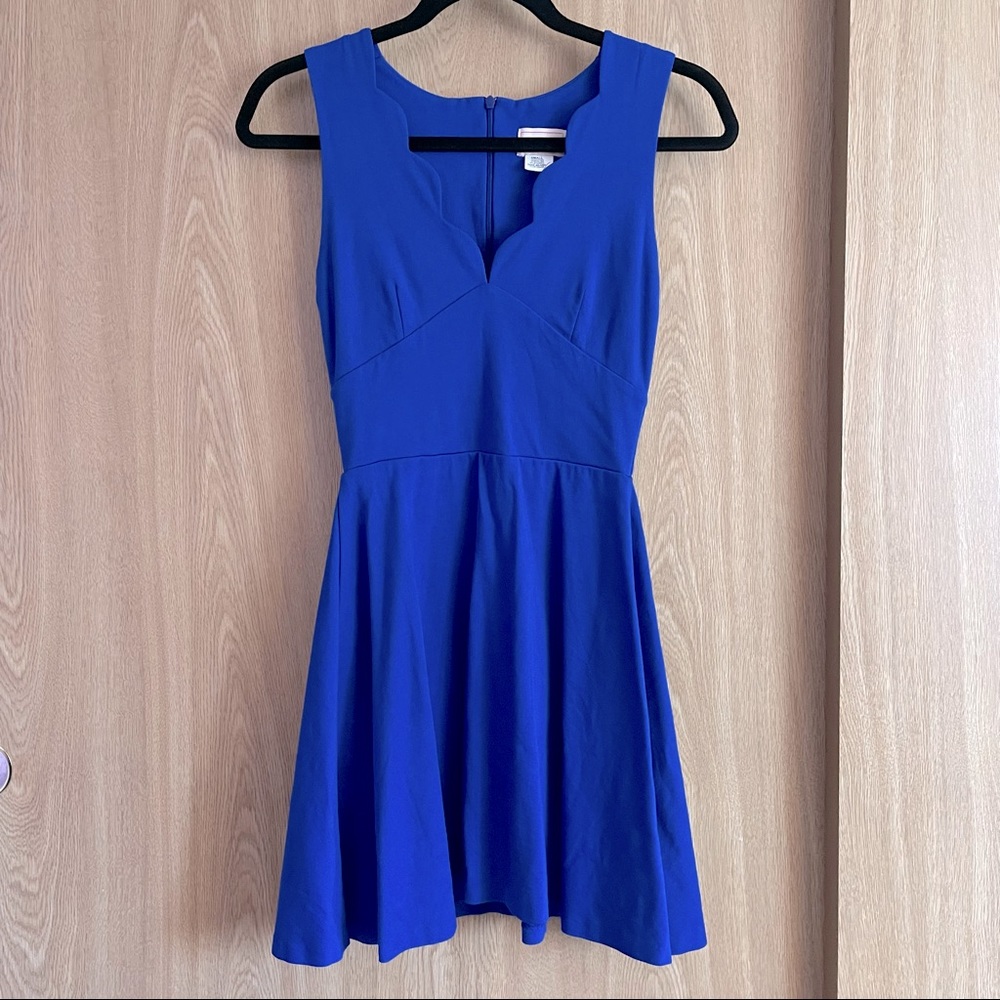 Blue Scallop V Neck Flare Dress